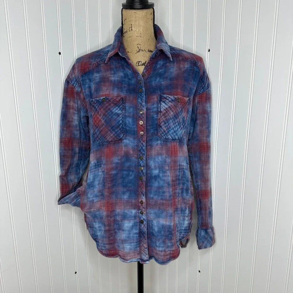 Free People Oversized Double Dip Plaid Shirt Blue Red‎ Button Up Gauzy Sz XS